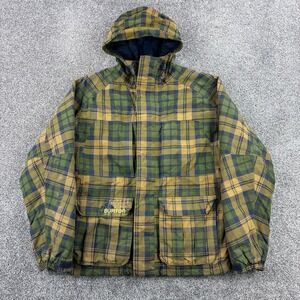 Burton 3/2 Jacket Mens Small Green Yellow Plaid Hooded Snowboard Ski Waterproof
